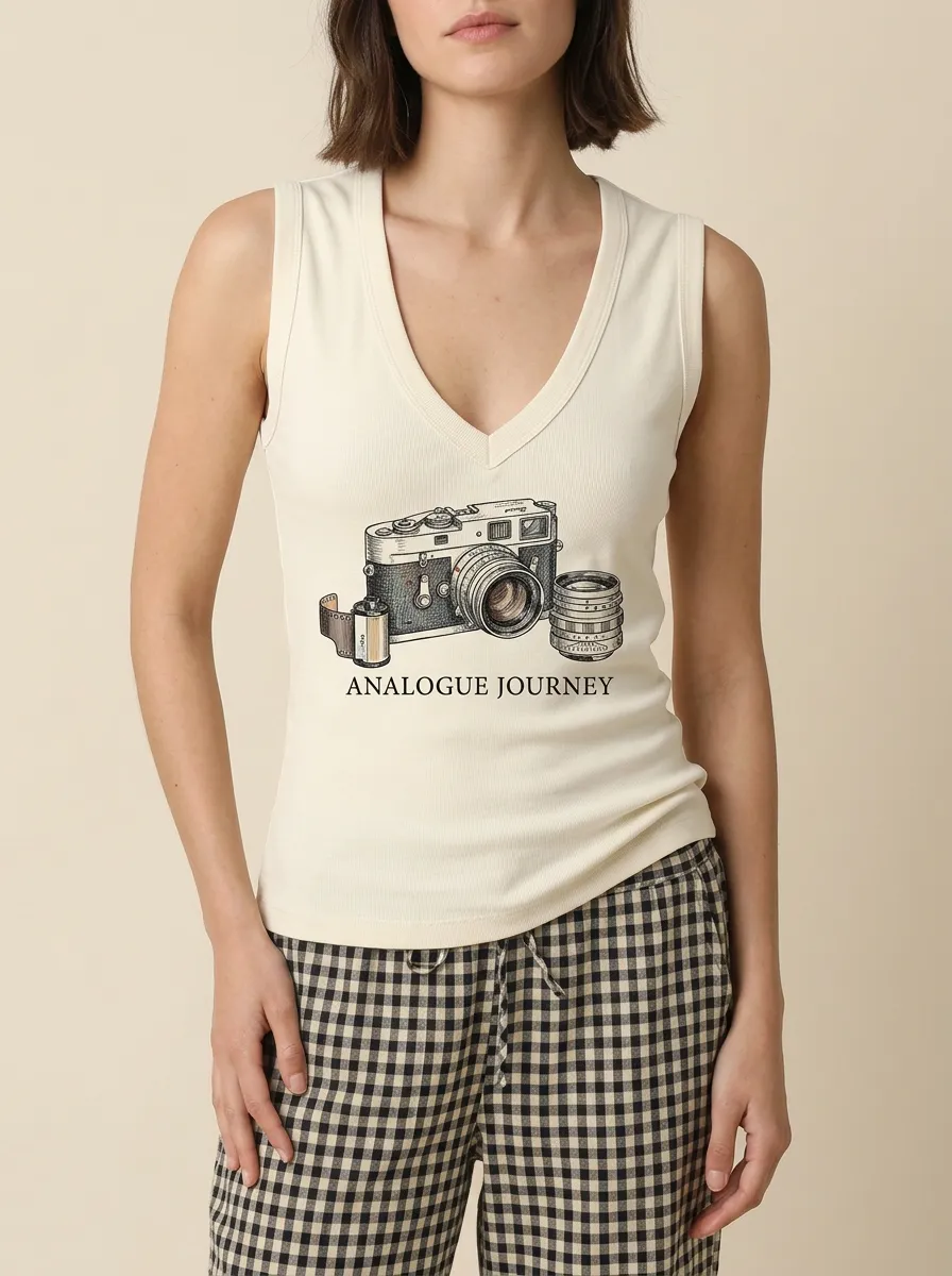 Women's Photography Lover Analogue Camera Printed Tank Top