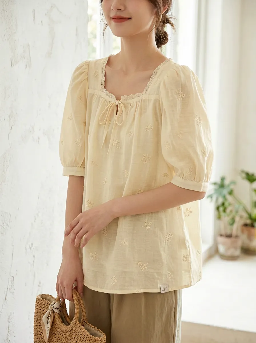 Casual Embroidered Women's Puff-Sleeve Blouse