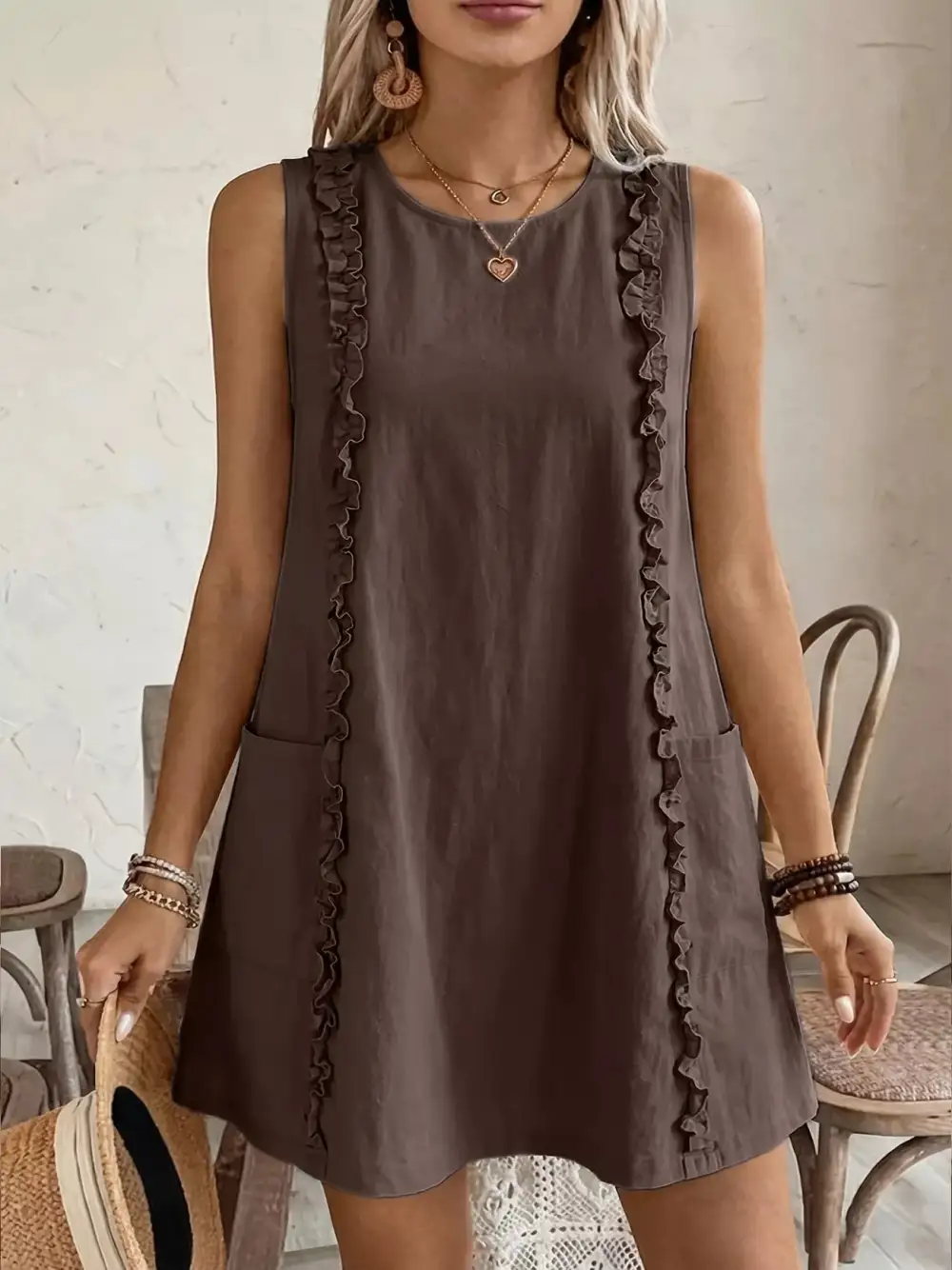 Round Neck Ruffle Sleeveless Dress Casual