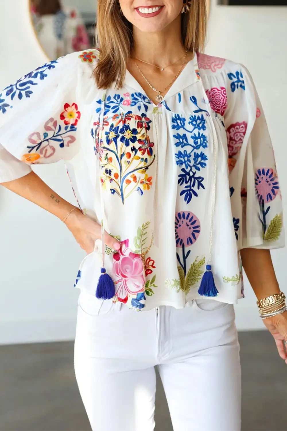Women's Floral Print Bracelet Sleeve Tassel Top