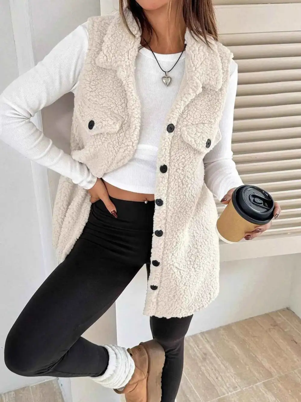 Button Down Sherpa Fleece Vest Coat
