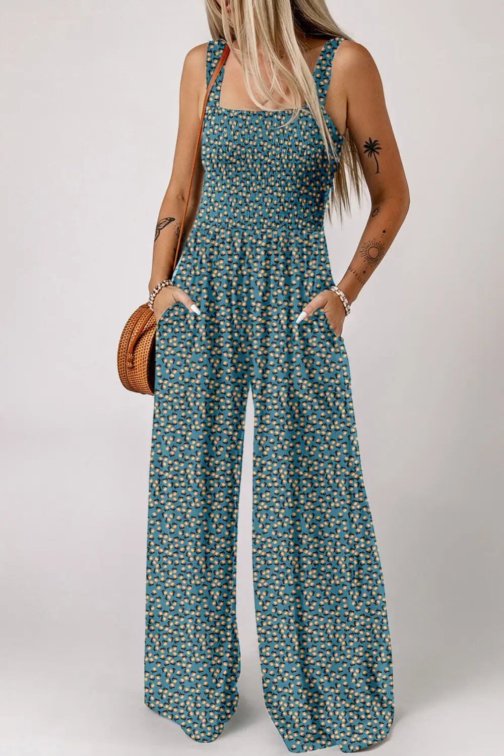 Floral Square Neckline Stretch High Waist Jumpsuit