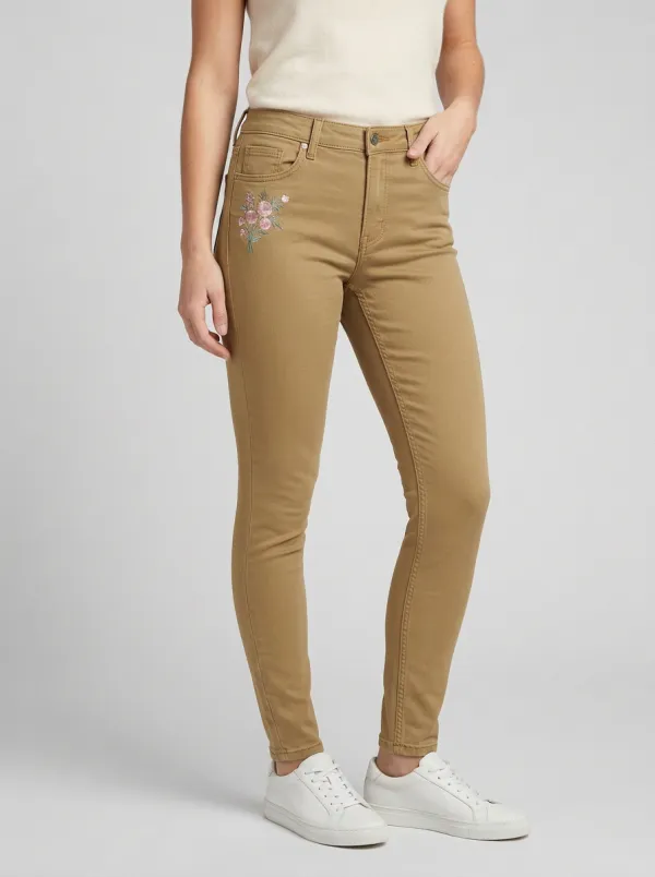 Women's Floral Embroidery Pink Flower Printed Slim Jeans