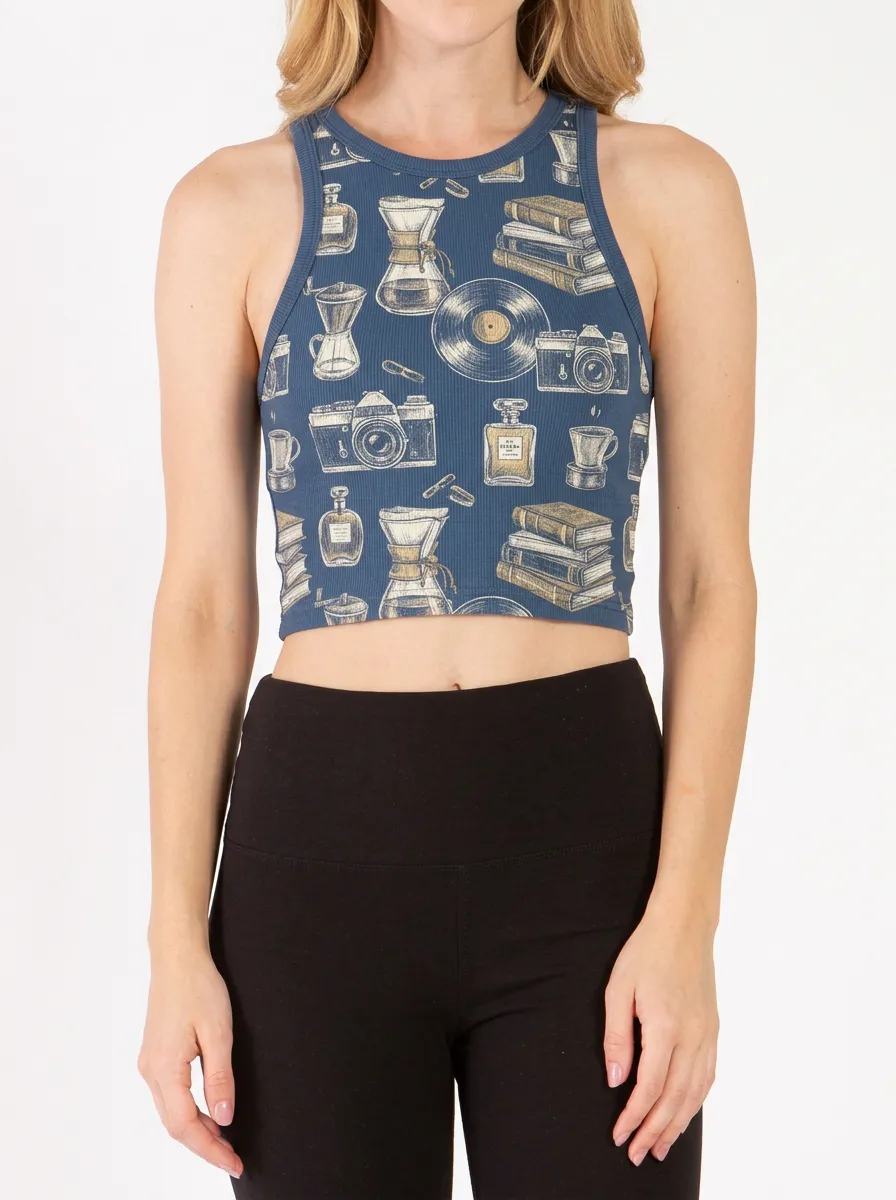 Women's Vintage Hobby Lover Camera Book Vinyl Graphic Ribbed Crop Tank Top