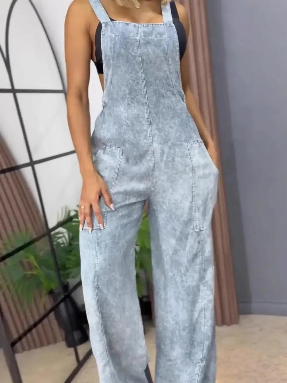 Relaxed Denim Wide Leg Overalls