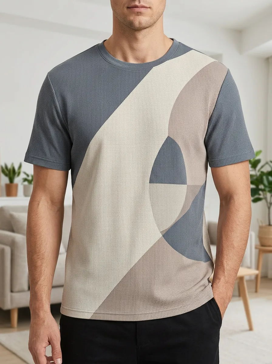 Men's Geometric Abstract Colorblock Waffle Knit Crew Neck T-Shirt