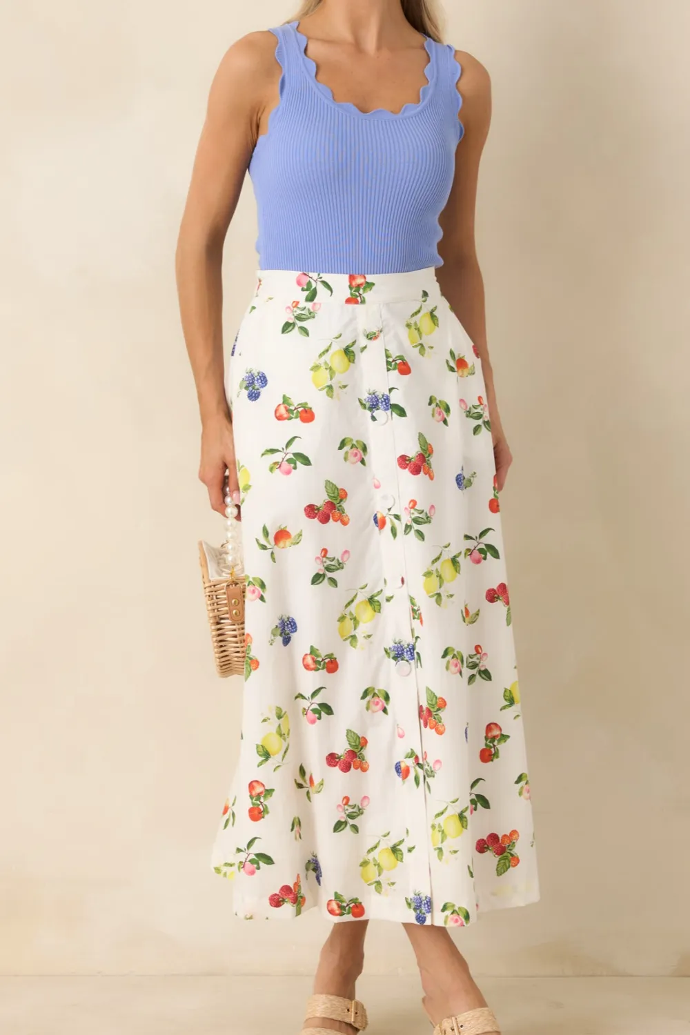 Multicolor Fruit Print Cotton Midi Skirt