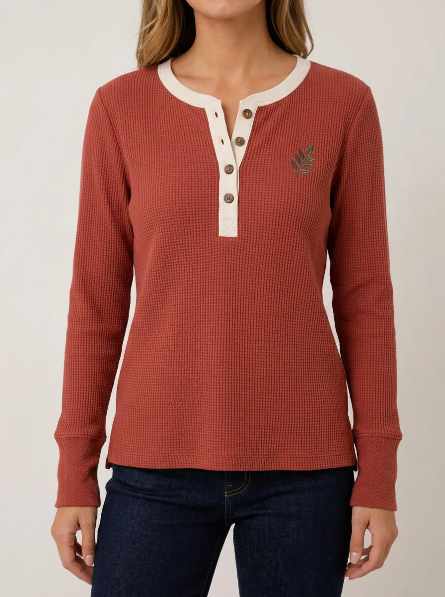 Textured Casual Nature Lover Leaf Embroidered Waffle Knit Henley Top
