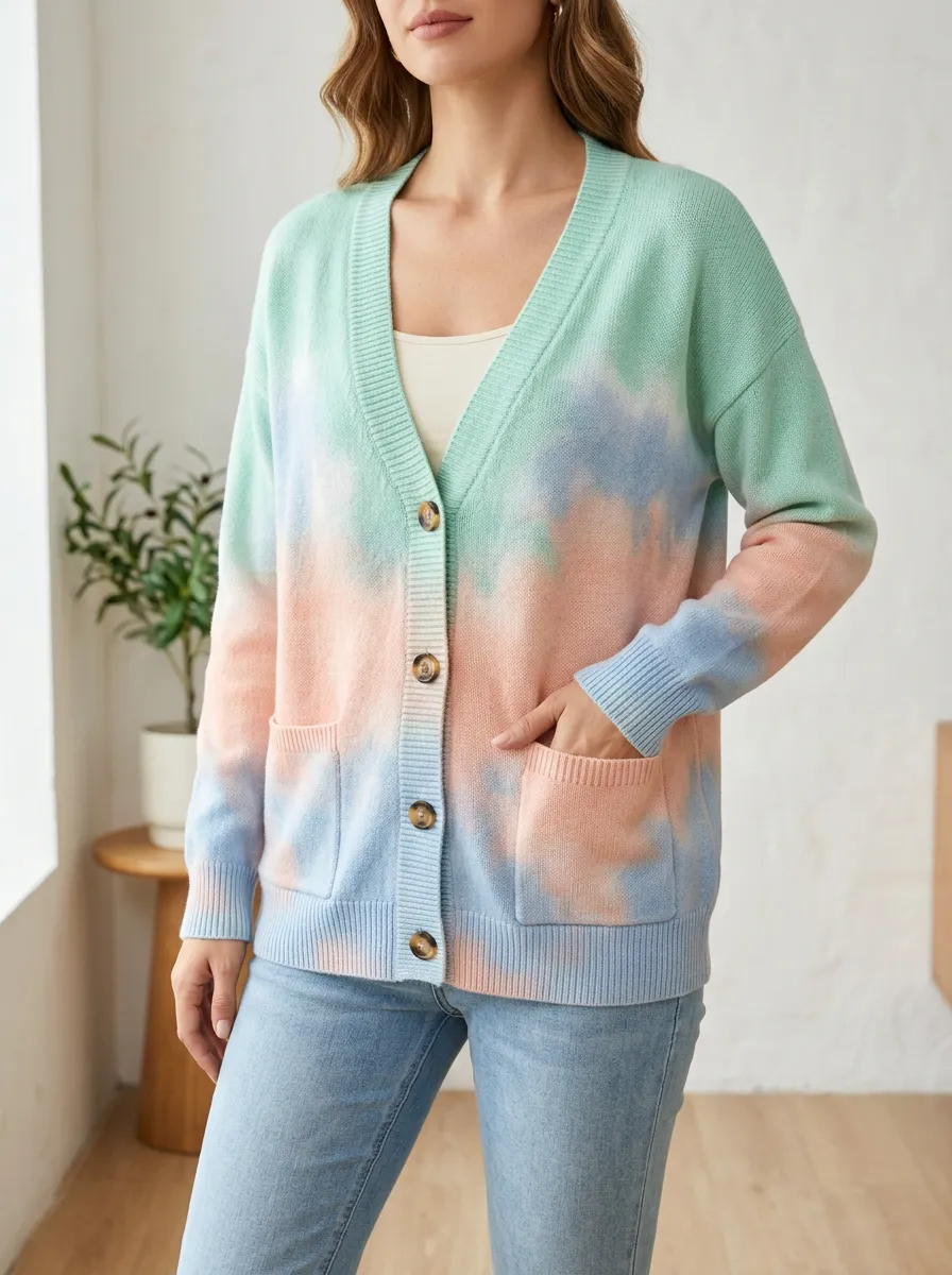 Women's Pastel Tie-Dye Pattern Printed V-Neck Easygoing Weekend Cardigan