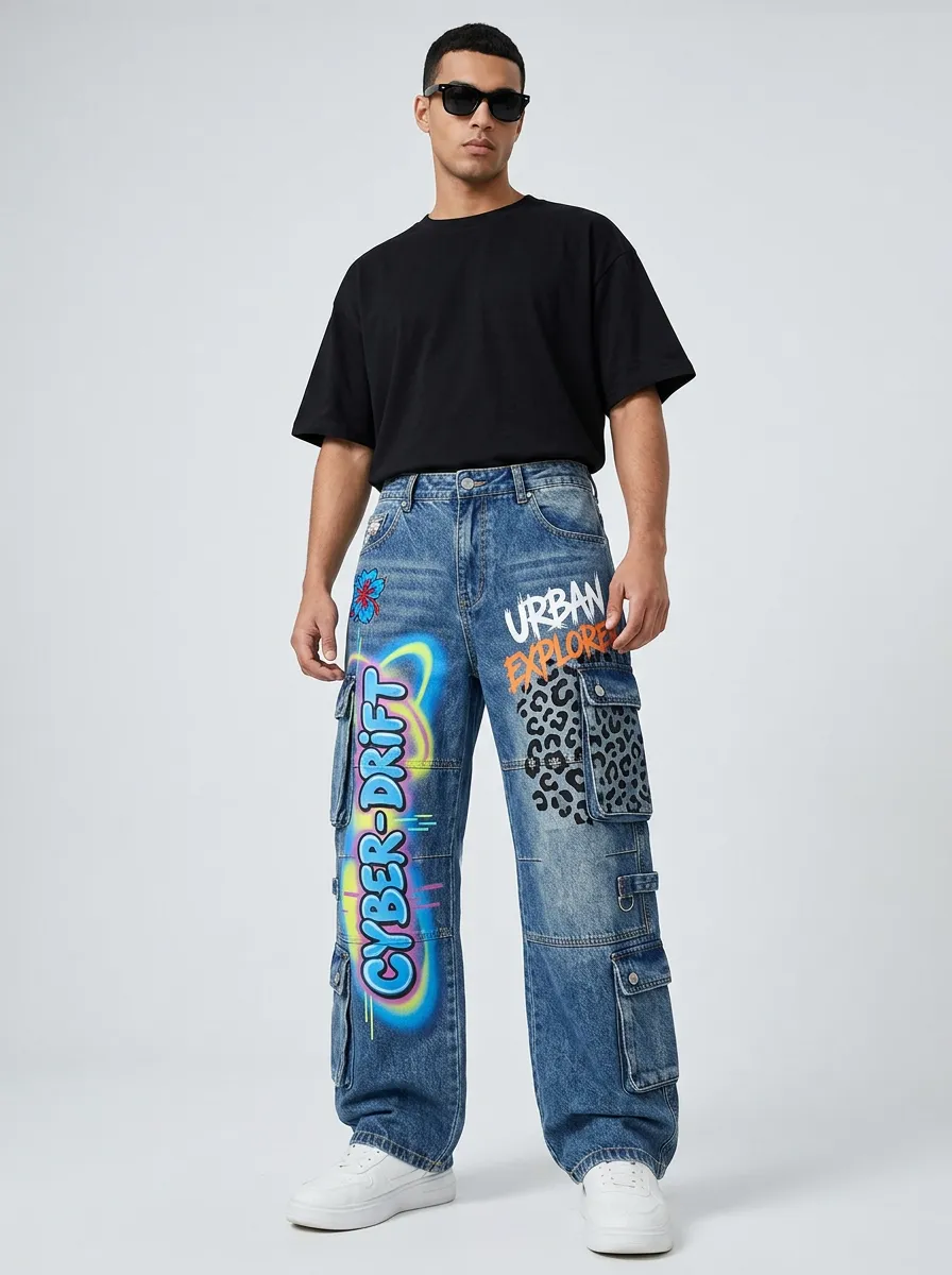 Men's Streetwear Cyber Drift Leopard Graphic Cargo Jeans