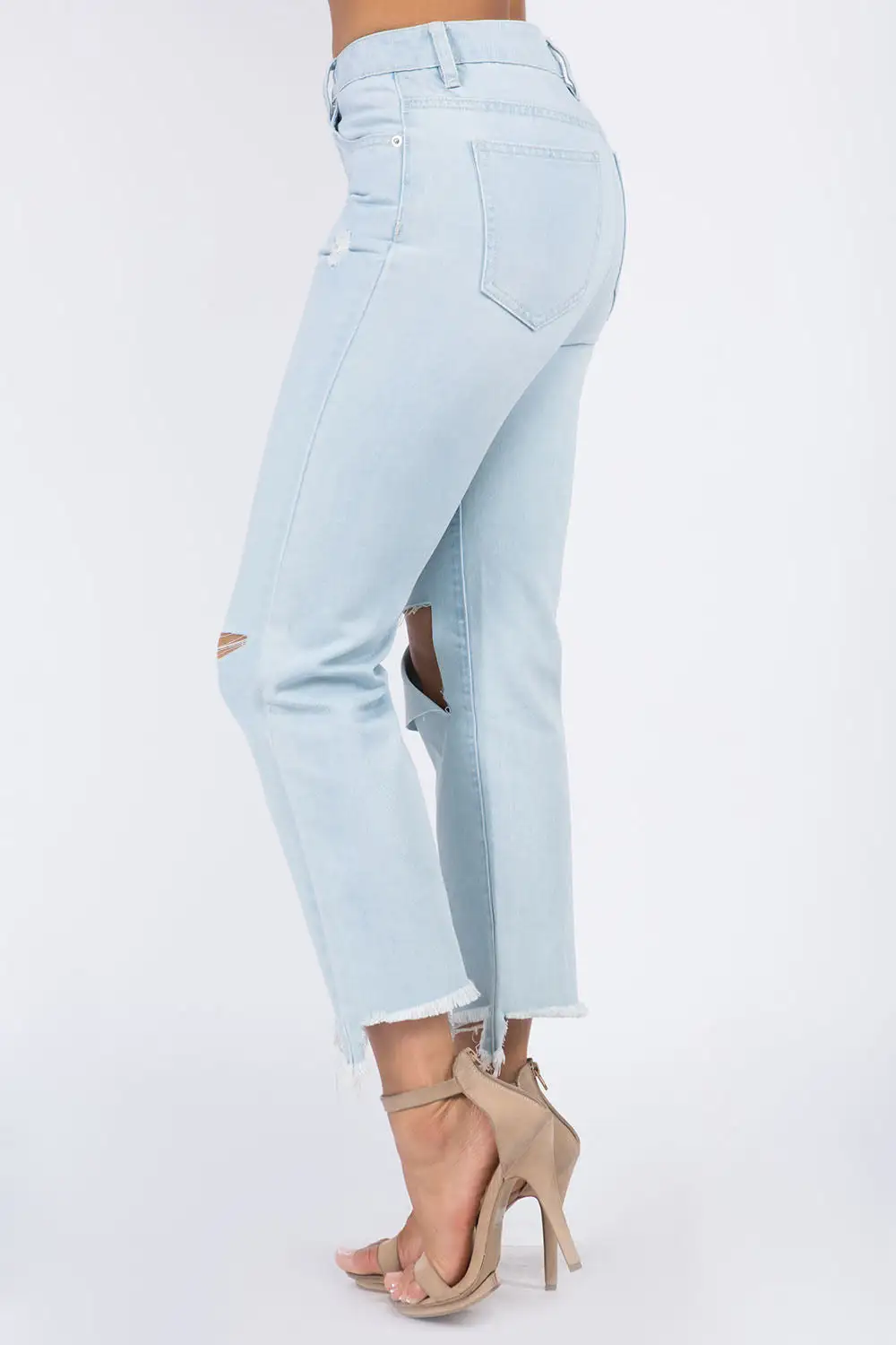 Classic High Waist Raw Hem Distressed Denim Jeans