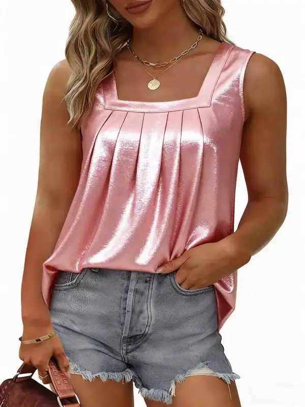 Square-Neck Ruched Pleated Tank Top