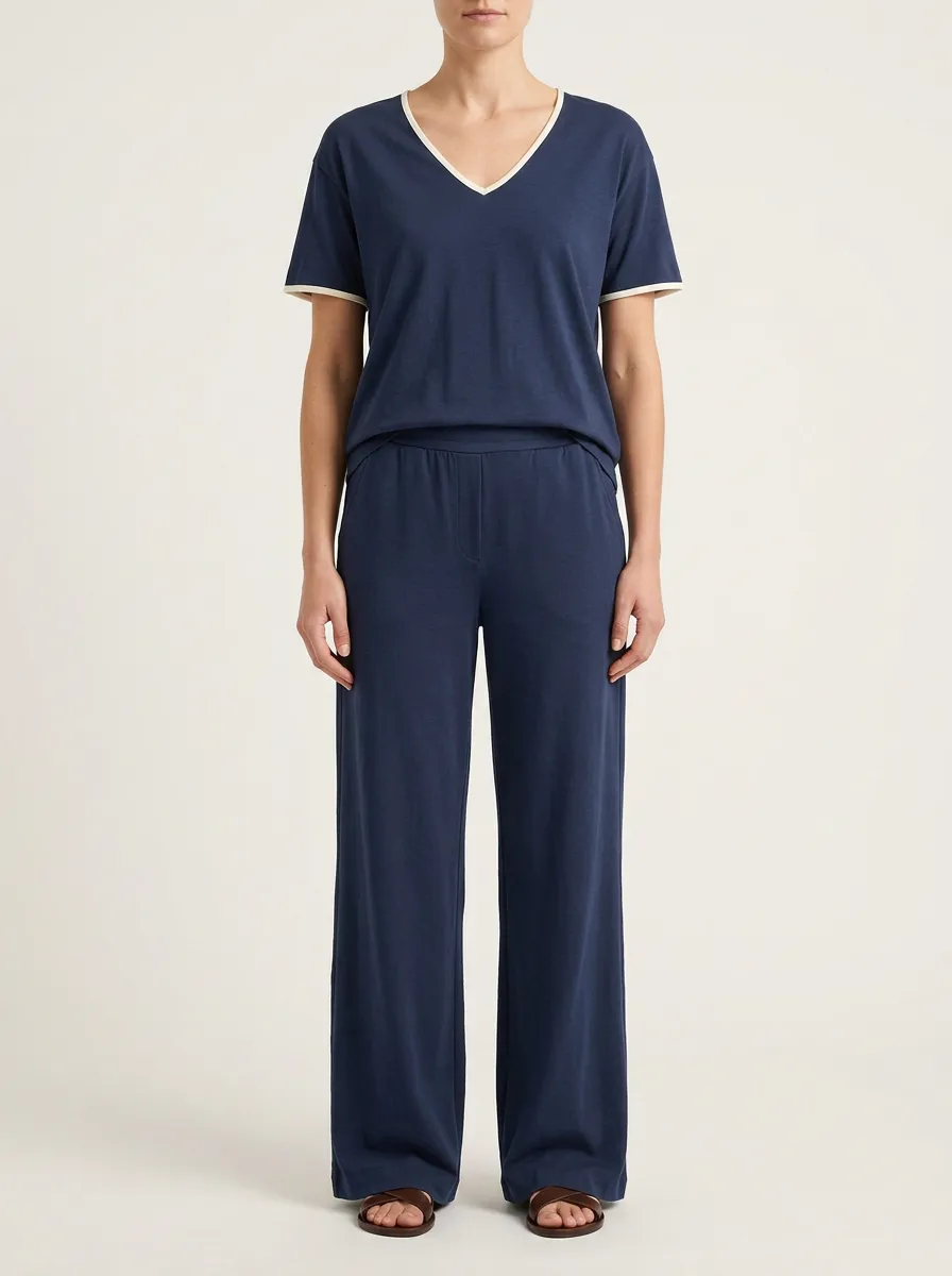 Women's Contrast-Trim Flat-Waistband V-Neck T-Shirt and Wide-Leg Pants Set