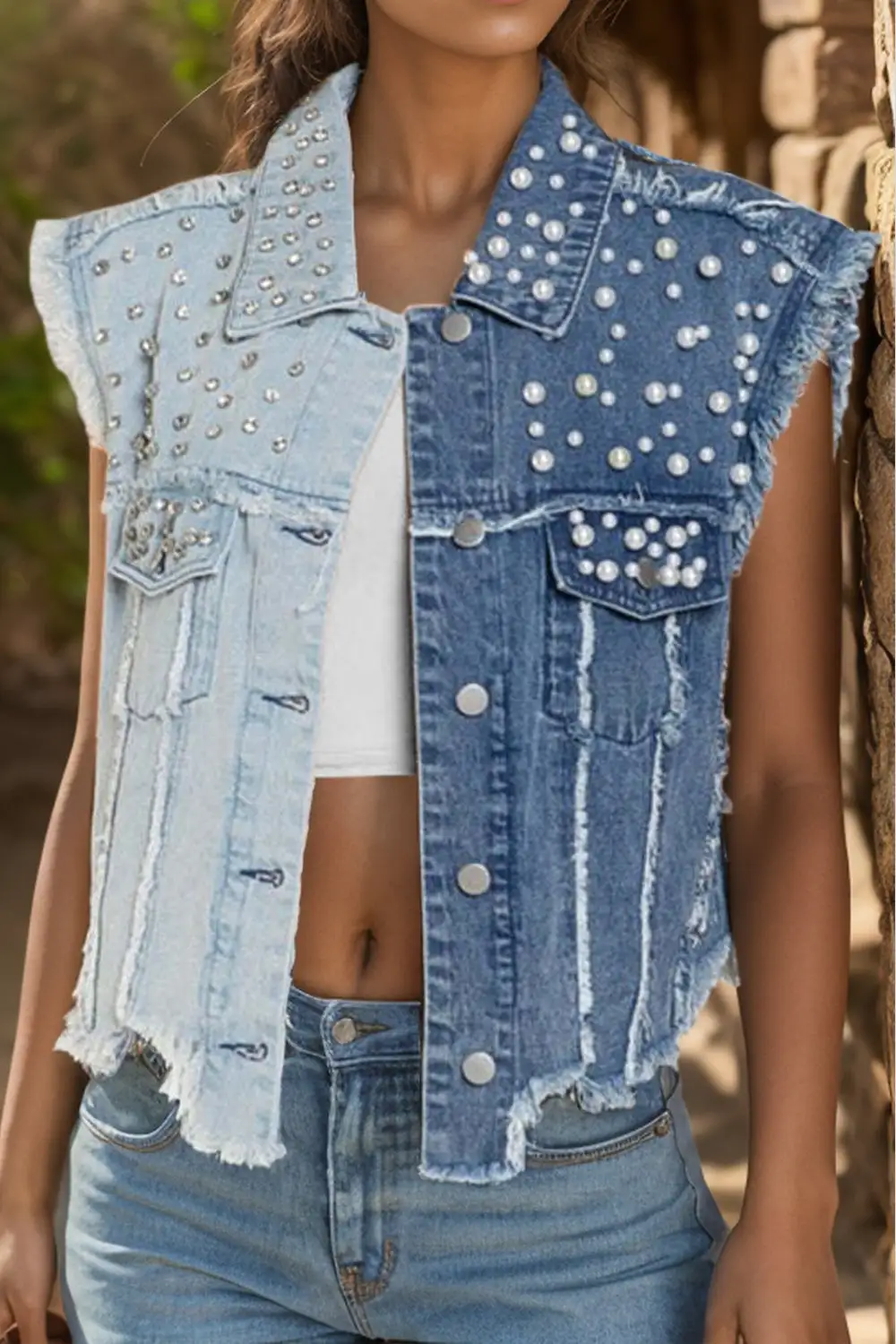 Pearl Raw-hem Sleeveless Denim Jacket
