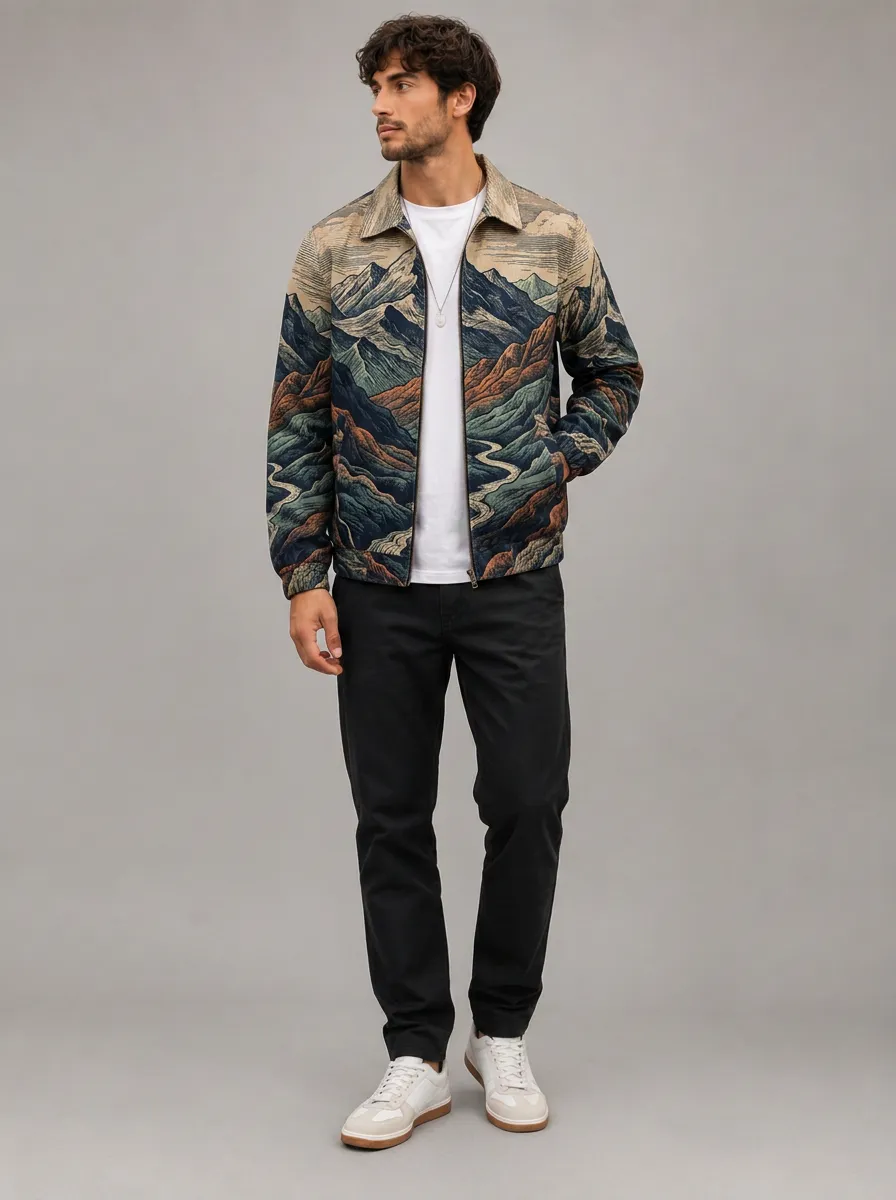 Men's Nature Lover Mountain Landscape Printed Jacket