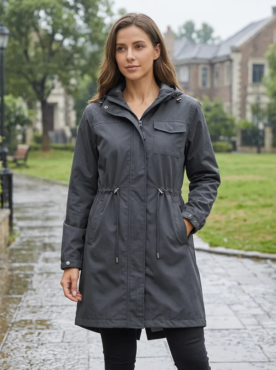 Women's Solid Grey Hooded Waterproof Jacket