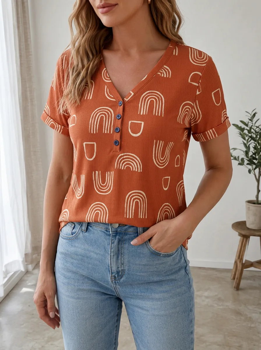 Women's Boho Rainbow Pattern Printed Ribbed Henley Shirt