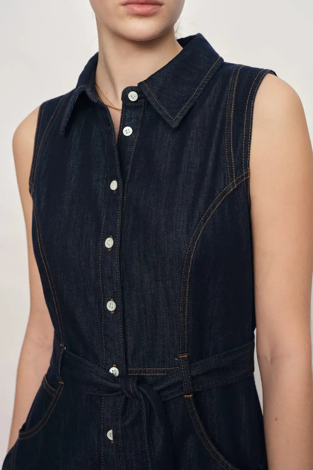 Fluid Sleeveless Cotton Denim Midi Dress