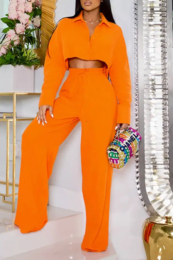 Solid Color Wide-Leg Collared Pant Set