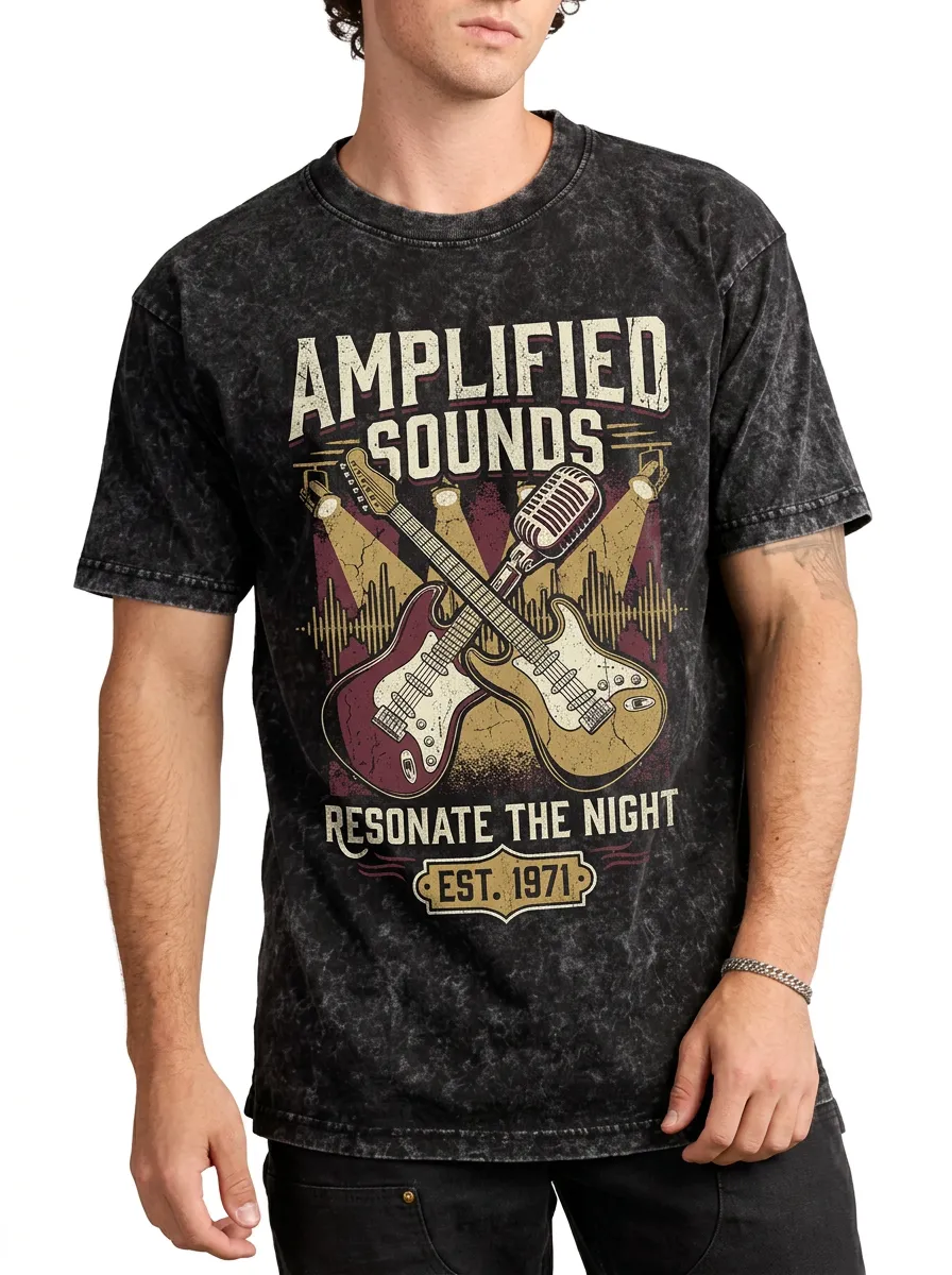 Men's Rock Music Lover Guitar Microphone Printed T-shirt