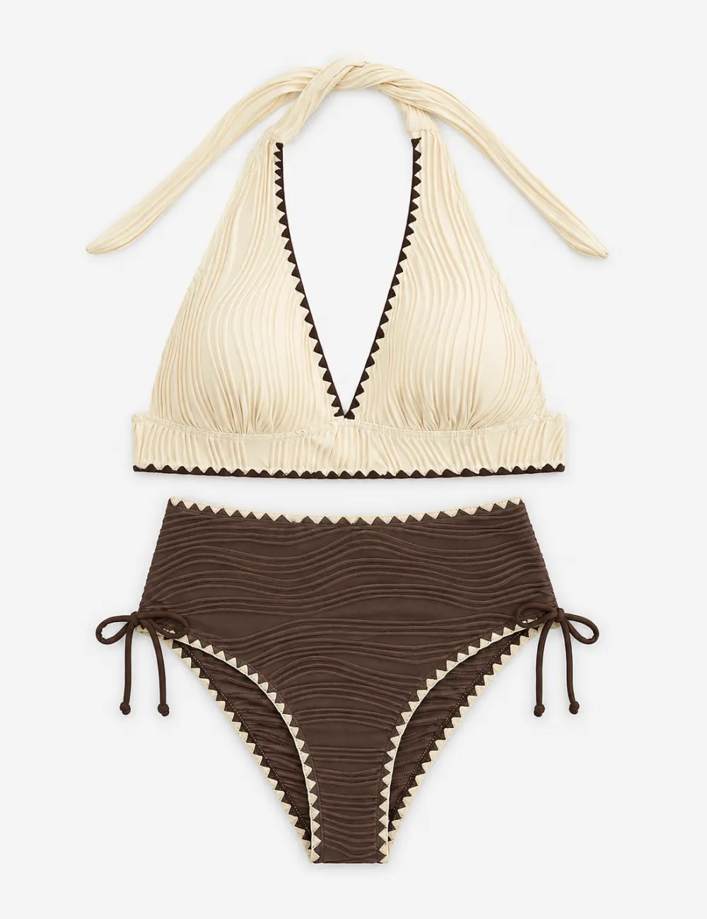 Color Block Wavy Textured Halter High Waist Bikini Set