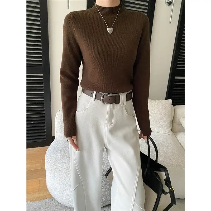 Textured Semi High Neck Knit Sweater