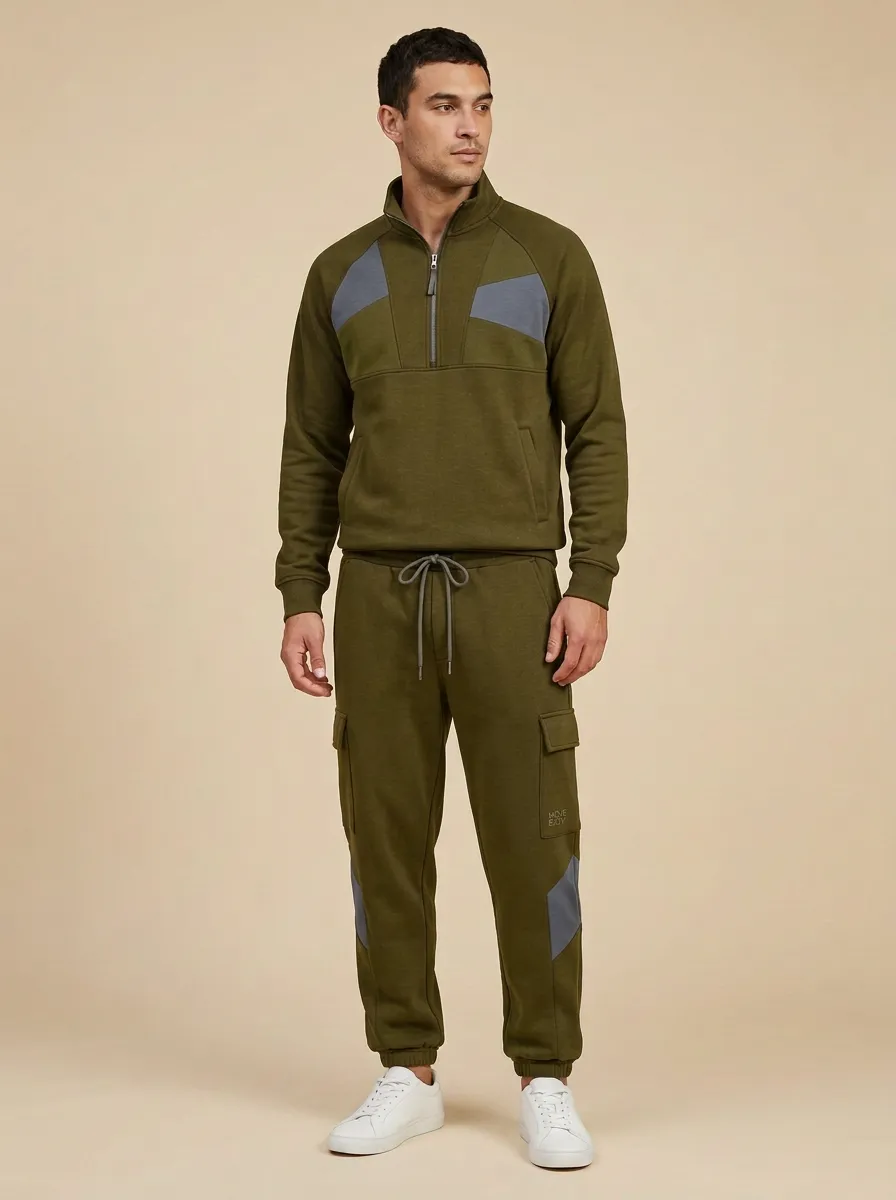 Men's Sporty Casual Colorblock Quarter-Zip Cargo Jogger Set