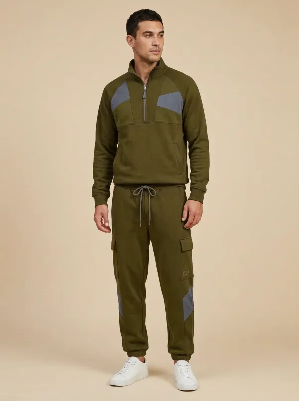 Men's Sporty Casual Colorblock Quarter-Zip Cargo Jogger Set