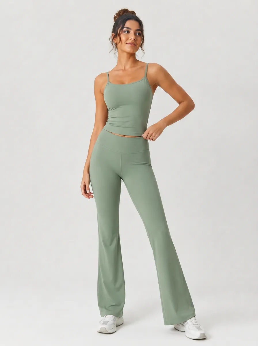 Women's Sage Green Yoga Workout Camisole Flare Leggings Set