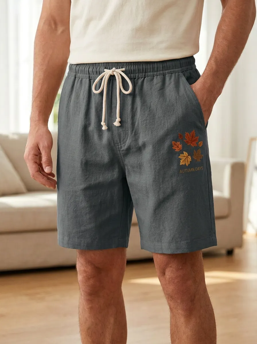 Embroidered Leaf Detail Drawstring Elastic Waist Shorts