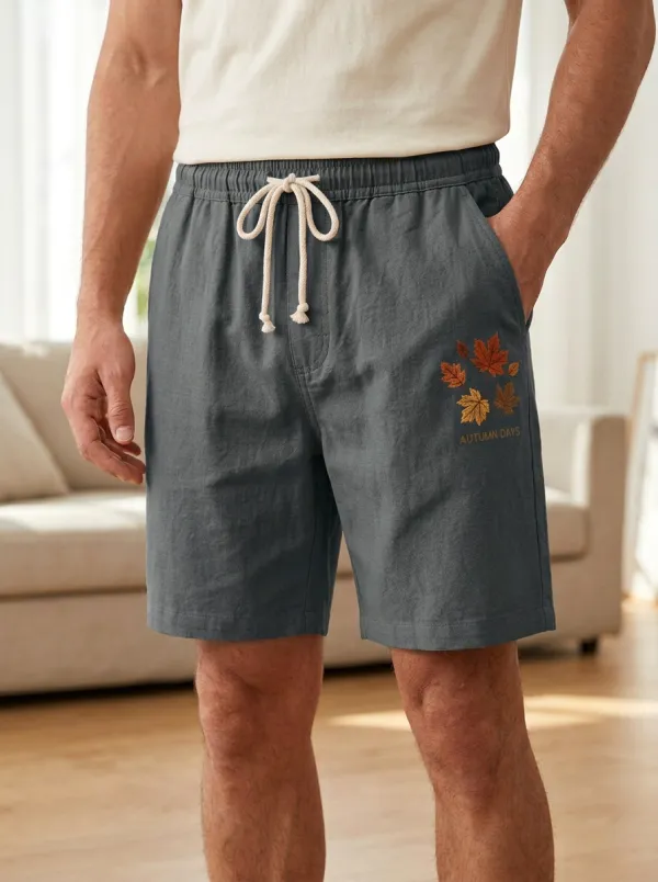 Embroidered Leaf Detail Drawstring Elastic Waist Shorts