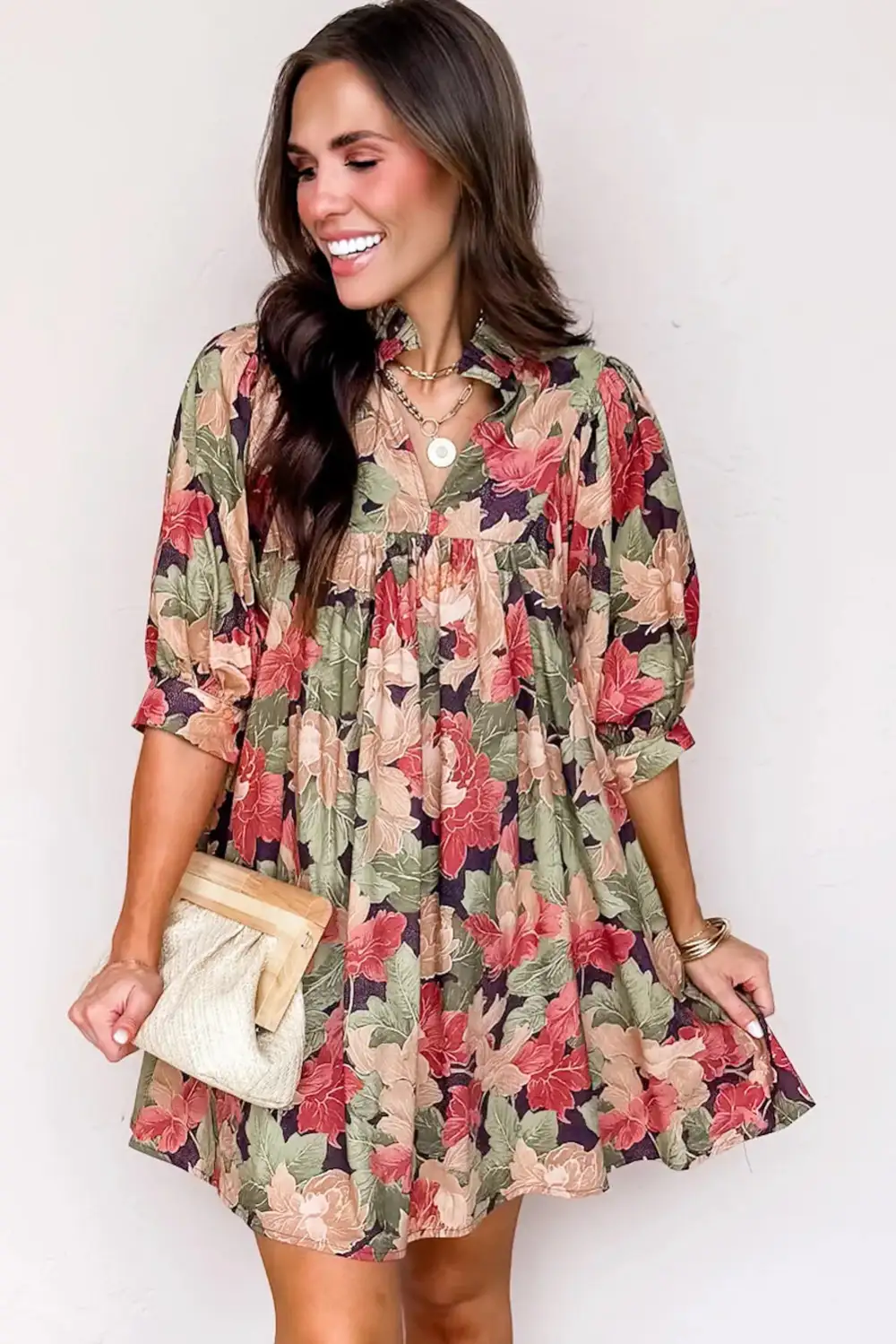 Drape Floral Printed V Neck Mini Dress