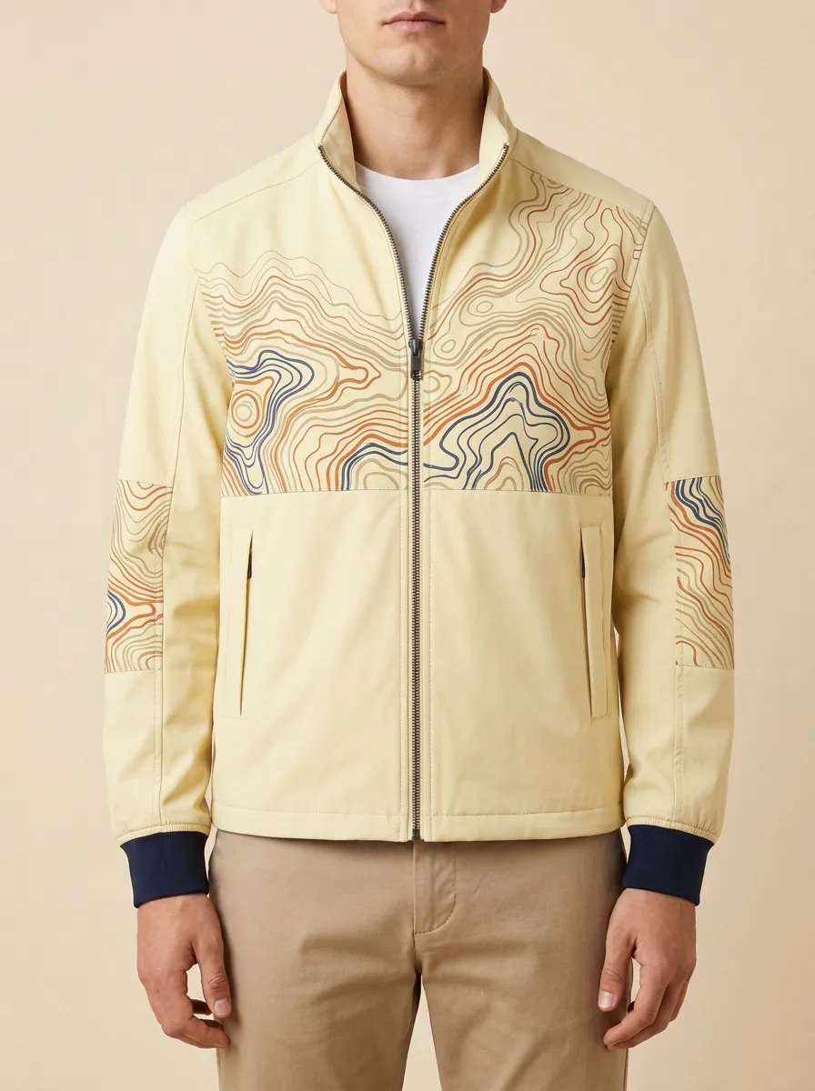 Topographic Print Stand Collar Zip-Up Jacket