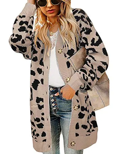 Women's Long Sleeves Open Front Leopard Print Knitted Sweater Cardigan Coat Outwear
