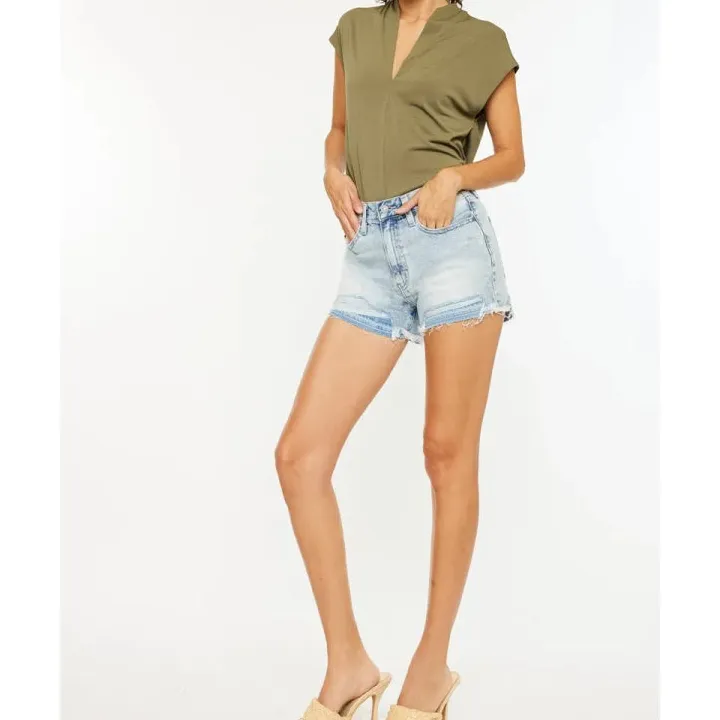 Refined High Rise Raw Hem Denim Shorts
