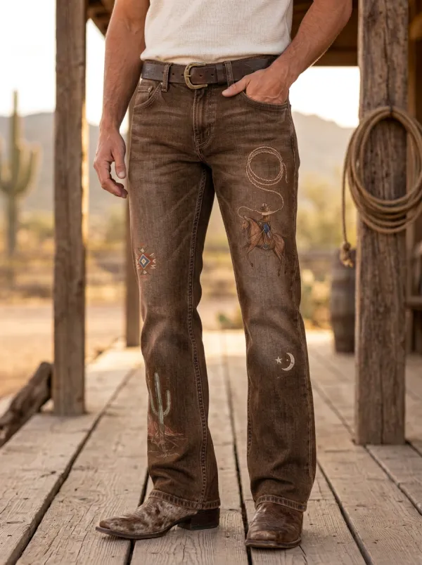 Men's Ranch Inspired Western Cowboy Rodeo Cactus Jeans