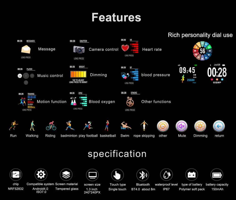 Heart rate monitor Sports smartwatch