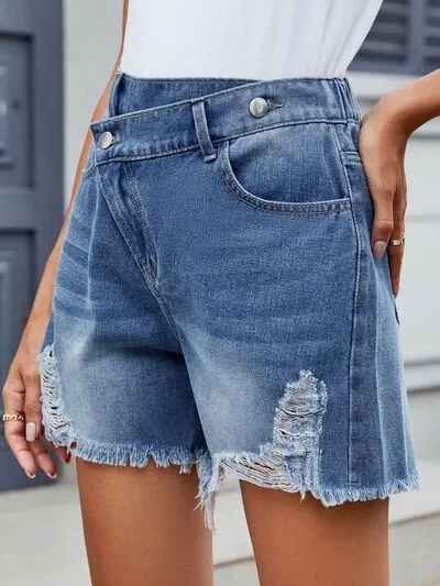 Distressed Raw Hem Asymmetrical Waist Shorts Denim Pants