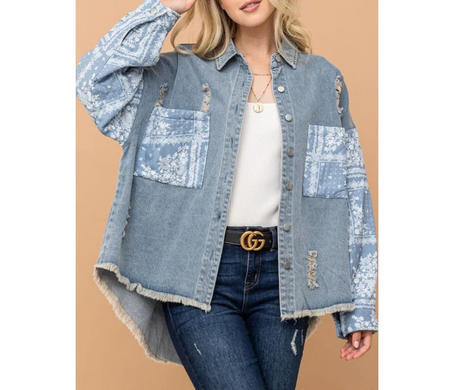 Plus Size Paisley Print Quilted Sleeves Denim Jacket