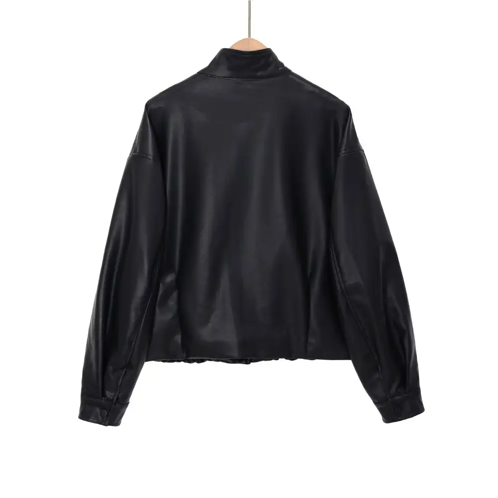 Faux Leather Stand Collar Snap Front Elastic Hem Bomber Jacket