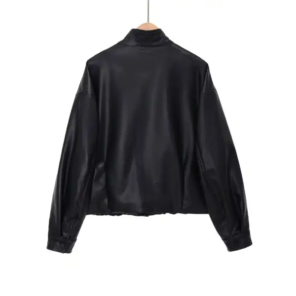 Faux Leather Stand Collar Snap Front Elastic Hem Bomber Jacket