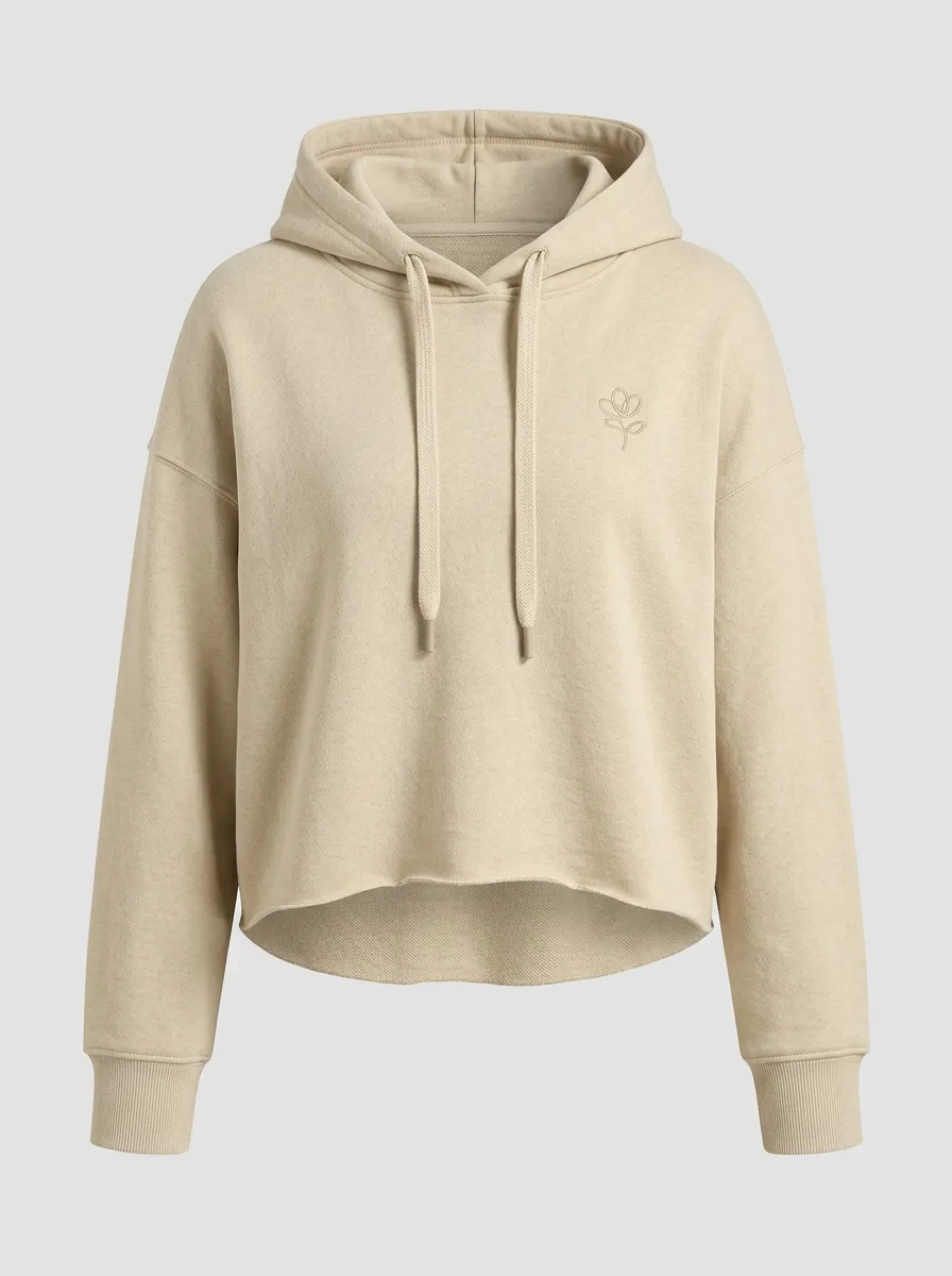 Women's Relaxed Minimalist Floral Line Art Printed Cropped Hoodie