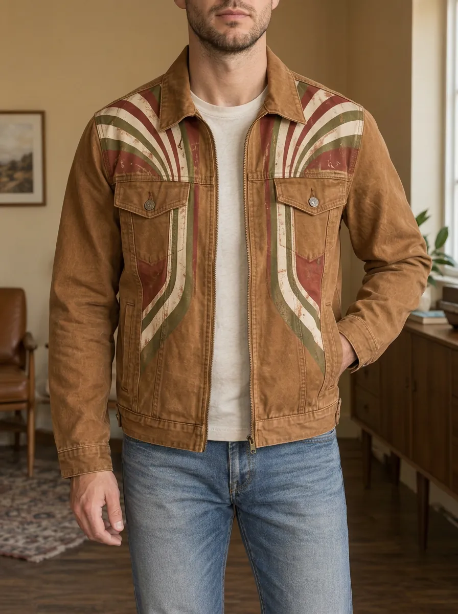 Men's Vintage Retro Sunburst Distressed Printed Jacket