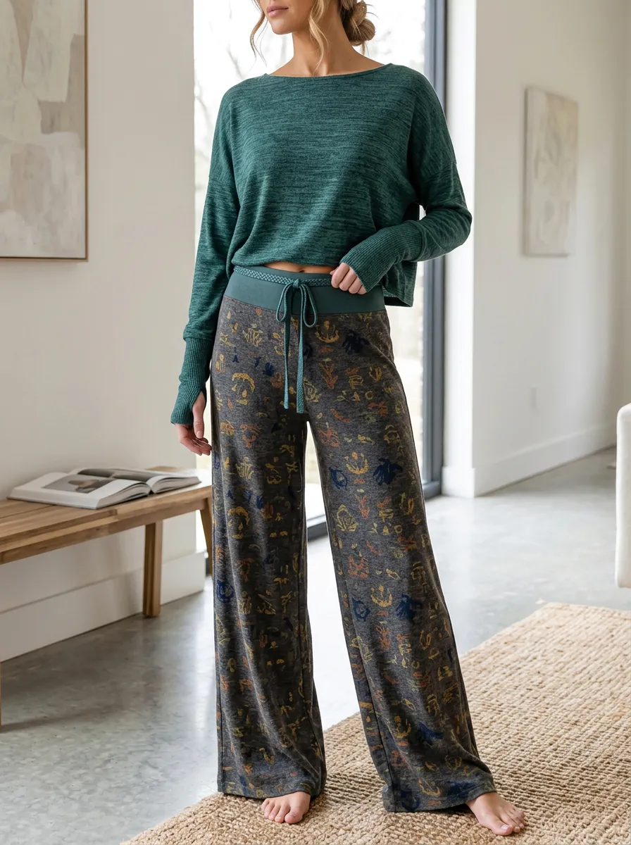 Women's Boho Botanical Patterned Long Sleeve Wide Leg Pants Set