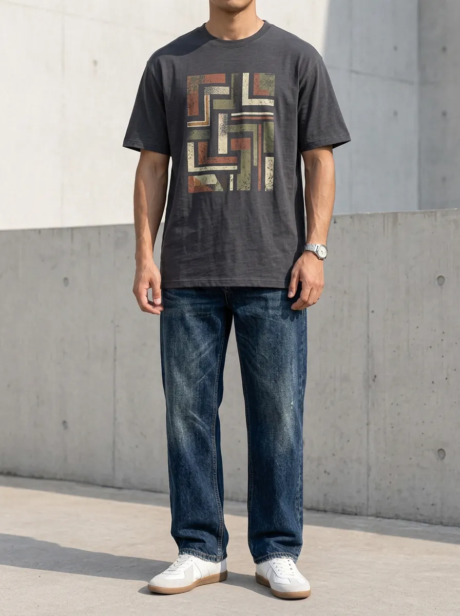 Men's Clean-Lined Geometric Pattern Printed T-Shirt and Jeans Set