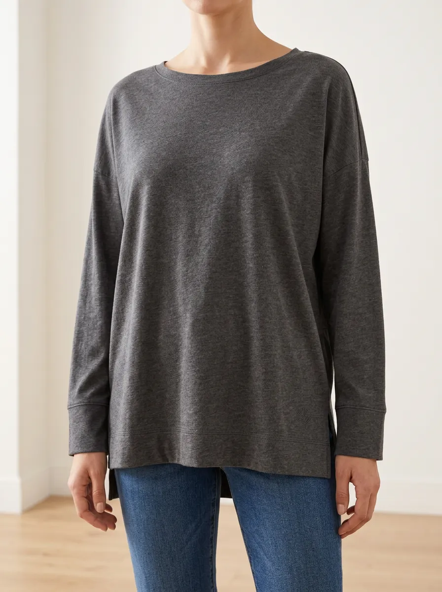 Everyday Embroidered Detail Ribbed Texture Women's Long Sleeve Tee