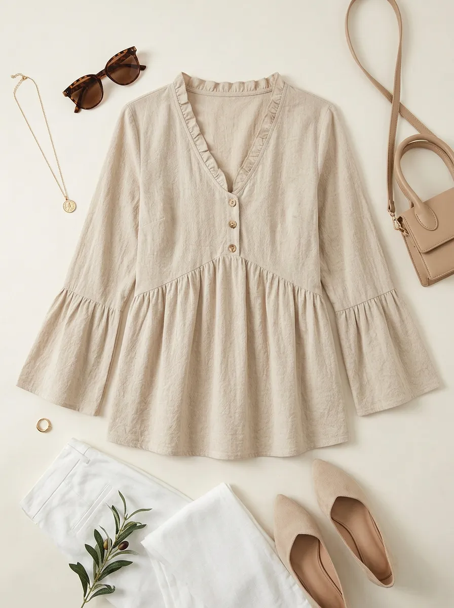 V-Neck Button Down Ruffle Bell Sleeve Blouse