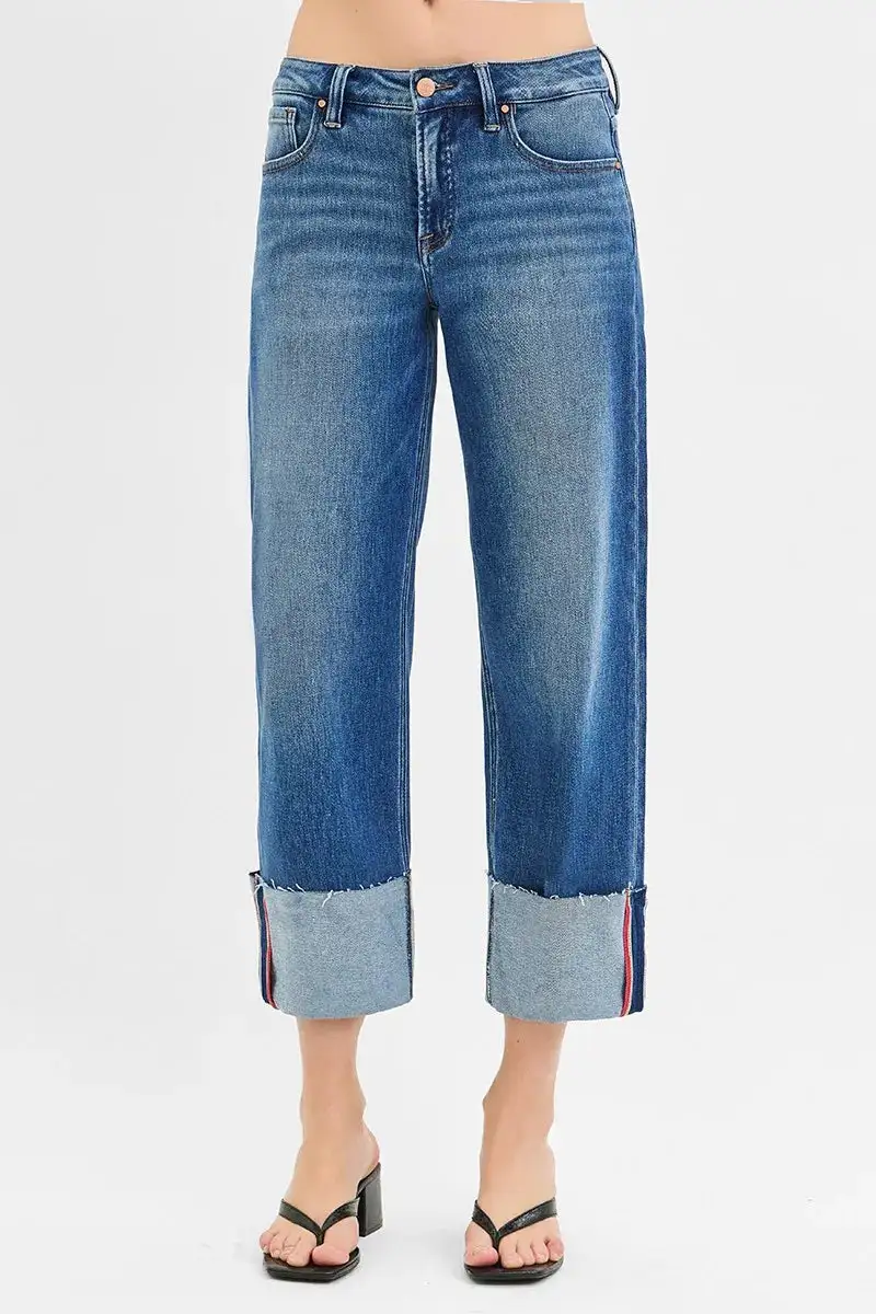 Pocketed Mid Rise Wide Leg Cuffed Denim Jeans