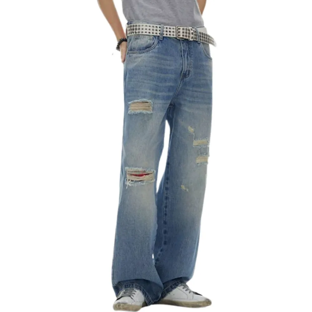 Straight Leg Distressed Ripped Denim Jeans