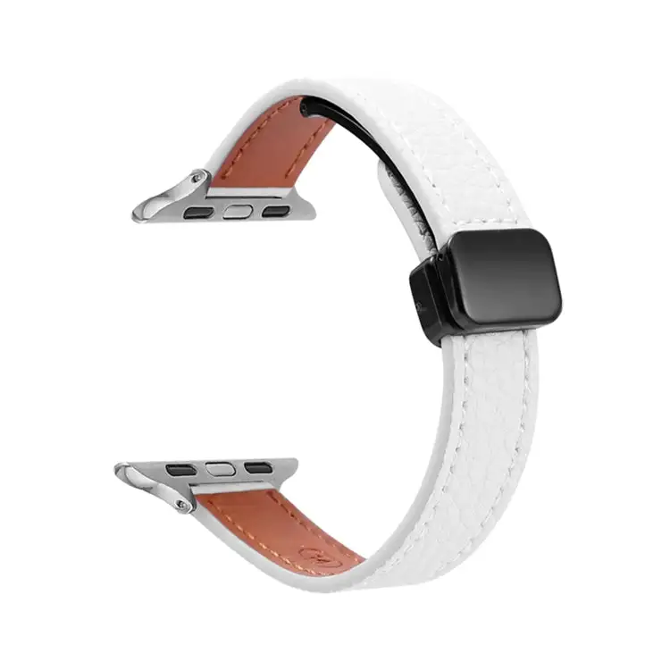Slim Magnetic Buckle Genuine Leather Watch Band for Watch SE 2023 44 mm - Litchi Beige